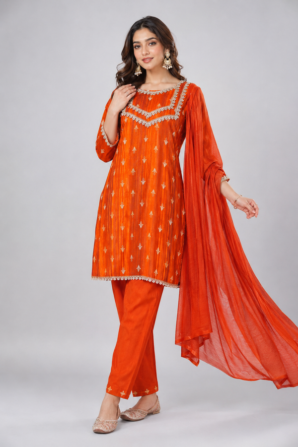 Orange embroidered 3-piece kurta pant set knee length - PRAVtown
