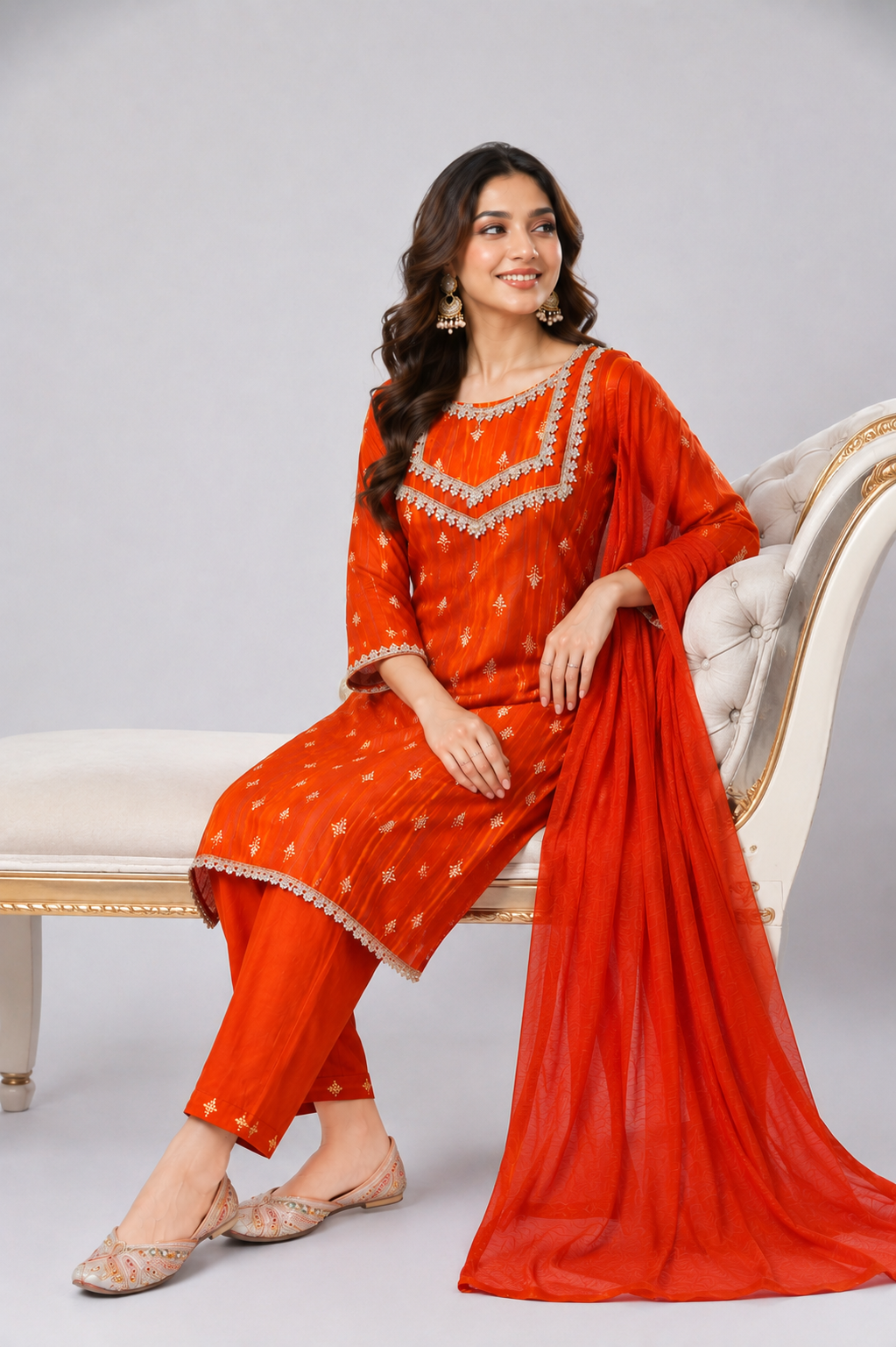 Orange embroidered knee-length kurta pant set - PRAVtown
