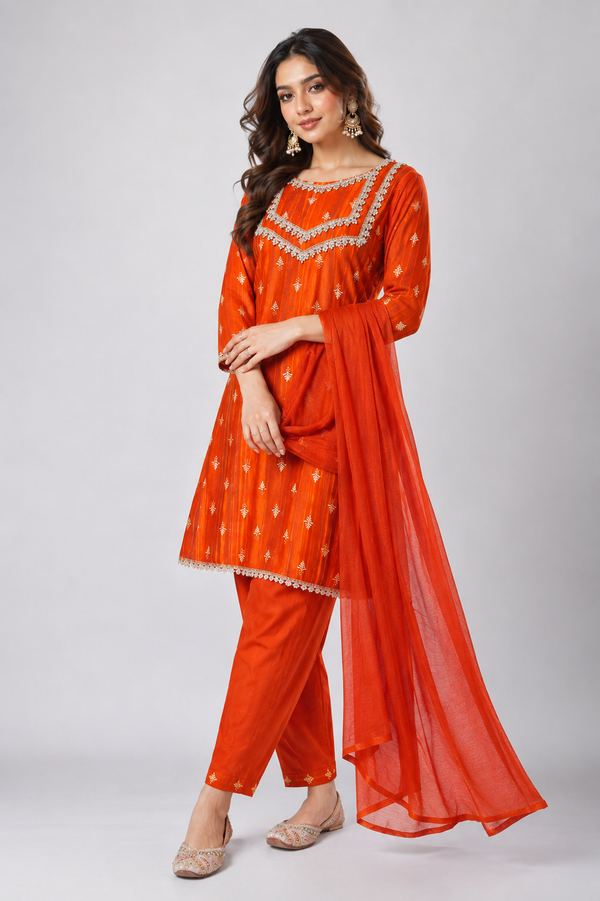 Orange embroidered straight kurta with pant and dupatta - PRAVtown
