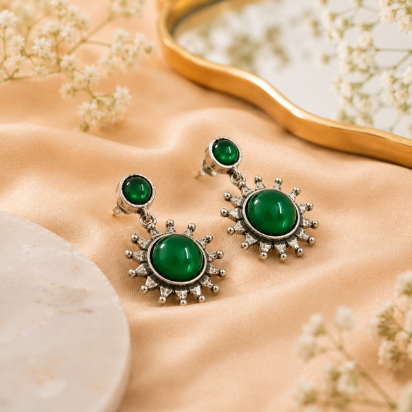 Oxidised Green Stone Earrings with Sunburst Design