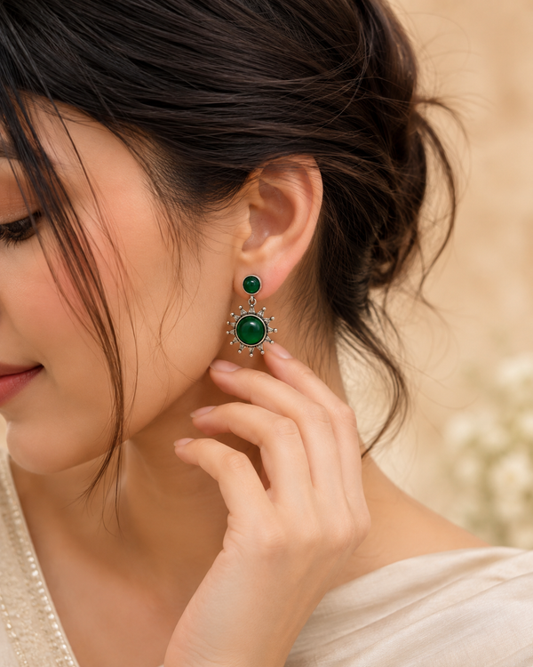 Oxidised Sunburst Earrings with Green Stones