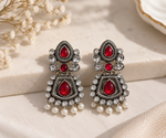 Load image into Gallery viewer, Oxidised red stone statement earrings with pearl drops
