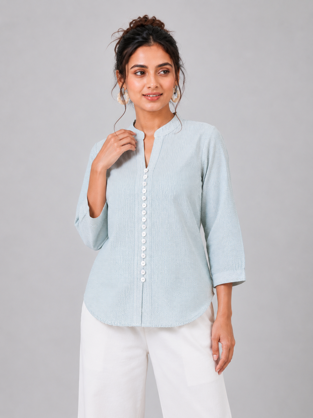 PRAVtown Front Button Tunic Top with Mandarin Collar