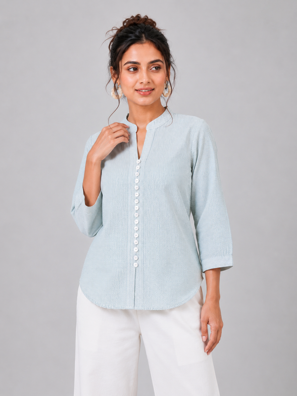 PRAVtown Front Button Tunic Top with Mandarin Collar