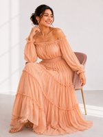 Load image into Gallery viewer, Peach Off-Shoulder Maxi Dress at PRAVtown
