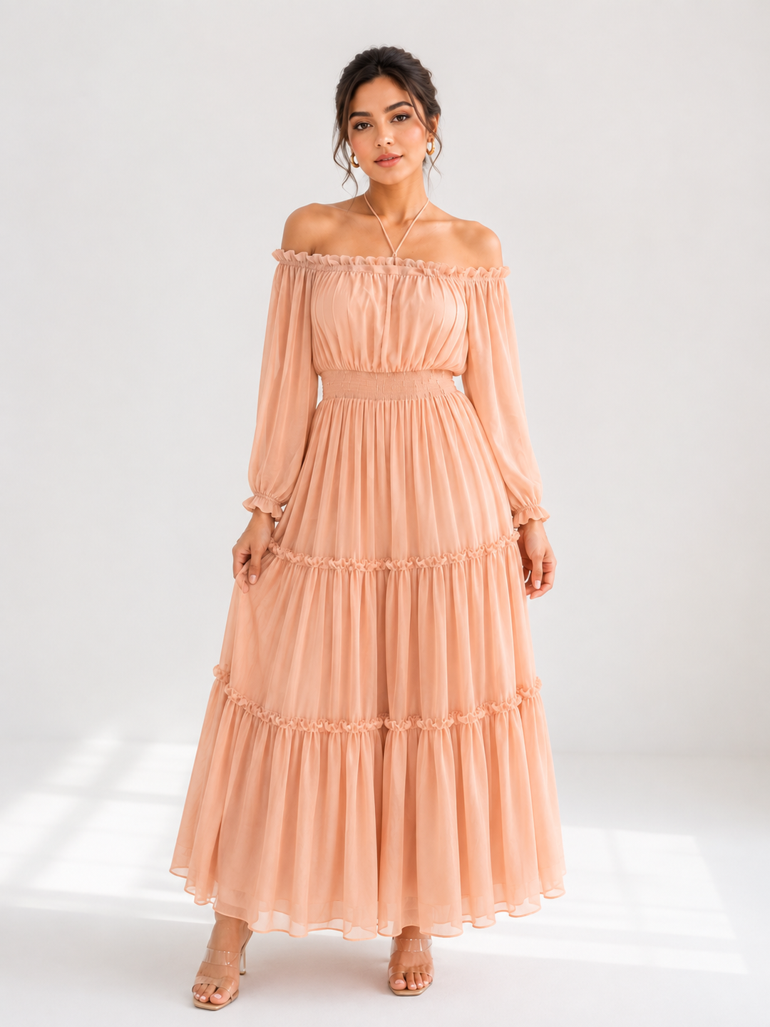 Peach Tiered Maxi Dress Off Shoulder - PRVtown