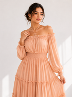 Load image into Gallery viewer, Peach Tiered Maxi Dress with Off-Shoulder Ruffled Neckline - PRAVtown

