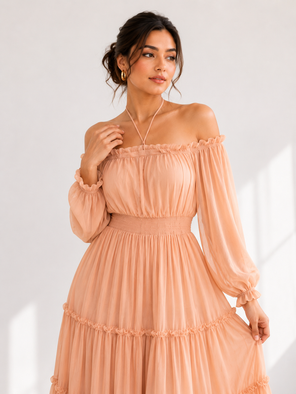 Peach Tiered Maxi Dress with Off-Shoulder Ruffled Neckline - PRAVtown