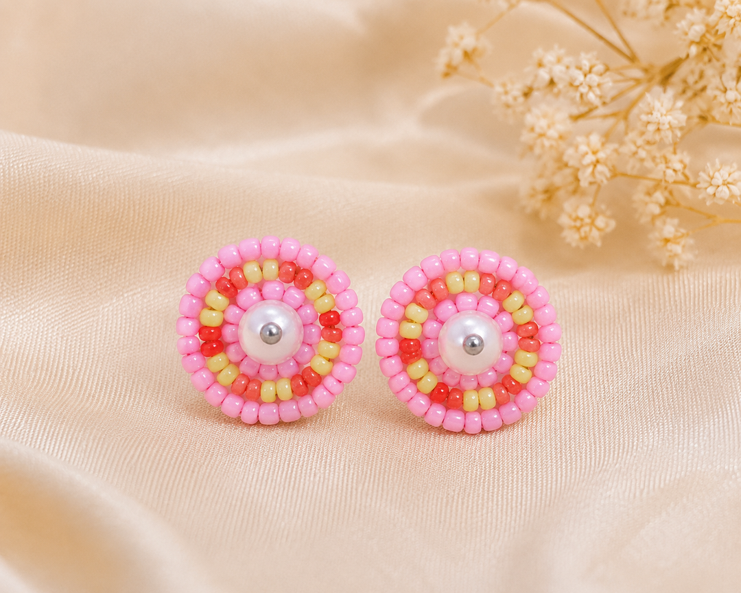 Pink Beaded Handmade Pearl Stud Earrings - PRAVtown