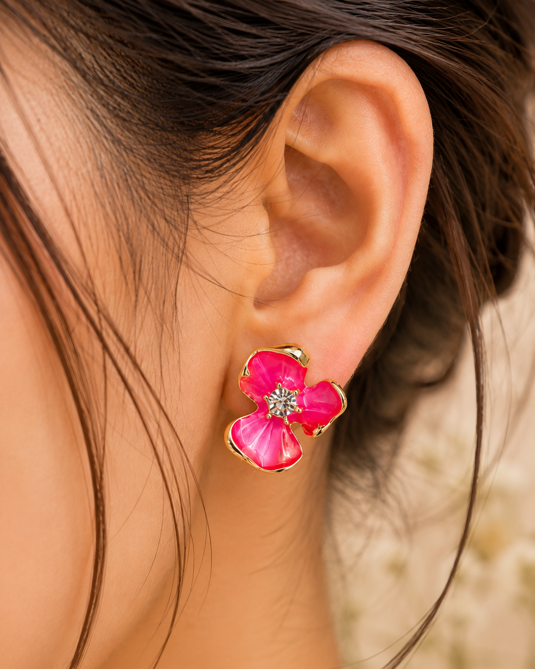 Pink Enamel Flower Statement Stud Earrings Anti-Tarnish - PRAVtown