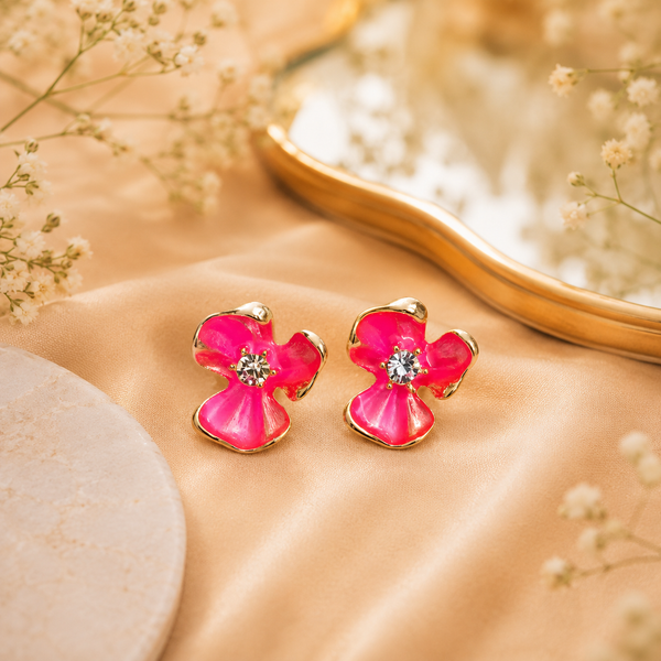 Pink Floral Enamel Earrings with Anti-Tarnish Finish - PRAVtown
