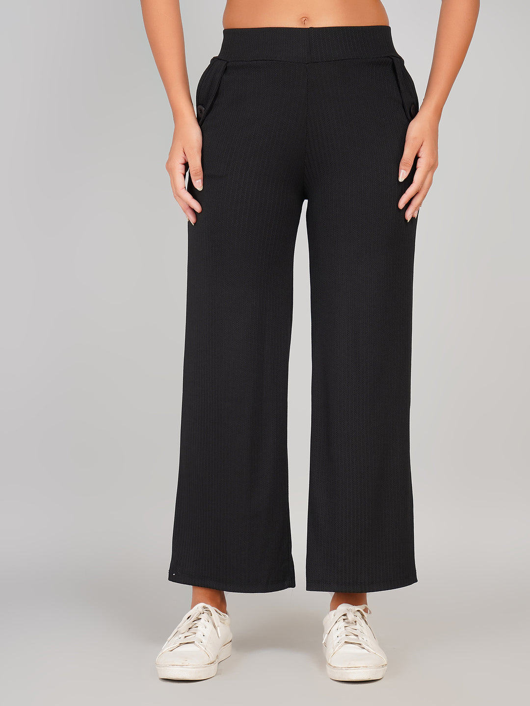 Ribbed Mid Rise Flared Fit Track Pants (Black)