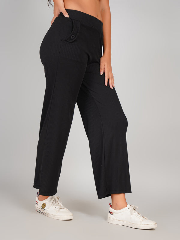 Ribbed Mid Rise Flared Fit Track Pants (Black)