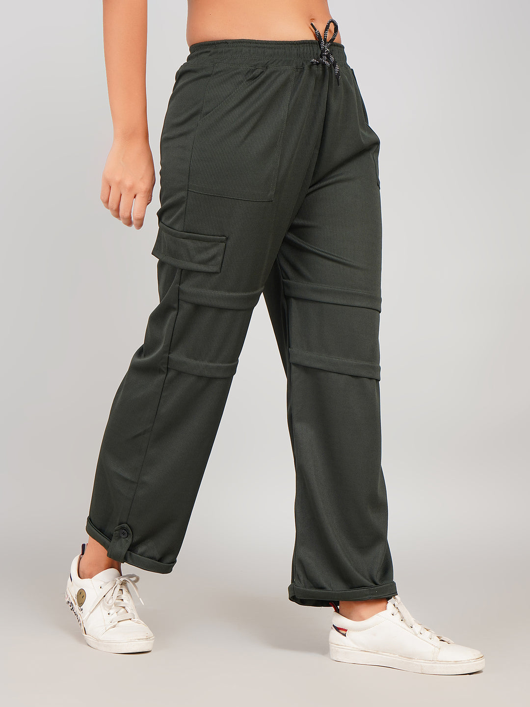 Ribbed Cargo Pants with Pocket & Button Hem Design (Olive Green)