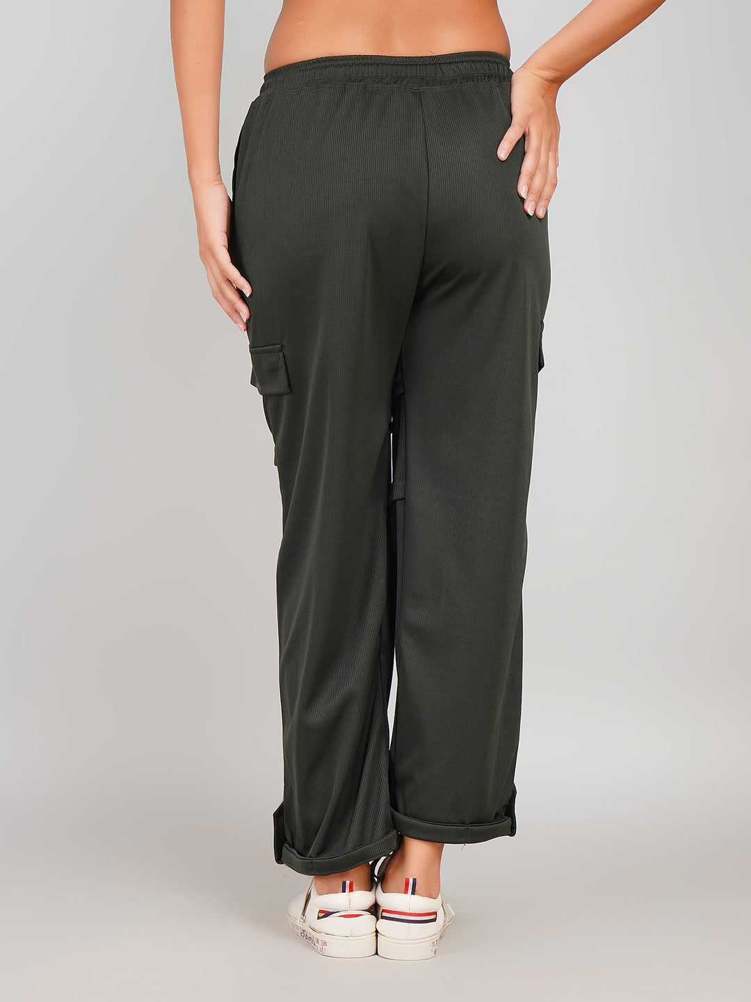 Ribbed Cargo Pants with Pocket & Button Hem Design (Olive Green)