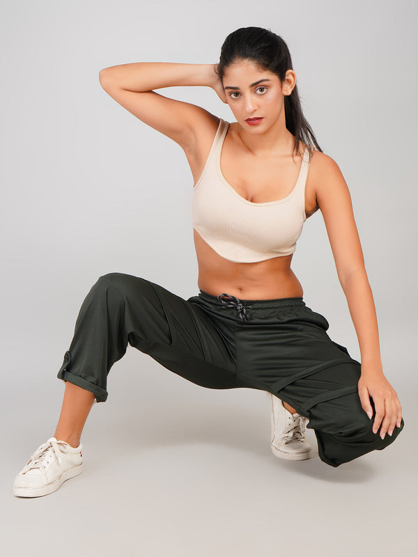 Ribbed Cargo Pants with Pocket & Button Hem Design (Olive Green)