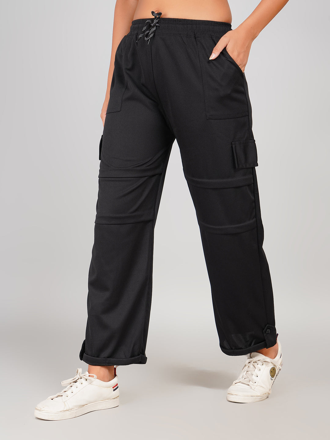 Ribbed Cargo Pants with Pocket & Button Hem Design (Olive Green)