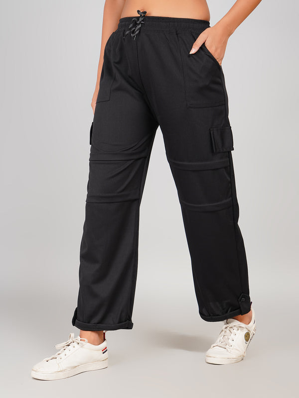 Ribbed Cargo Pants with Pocket & Button Hem Design (Olive Green)