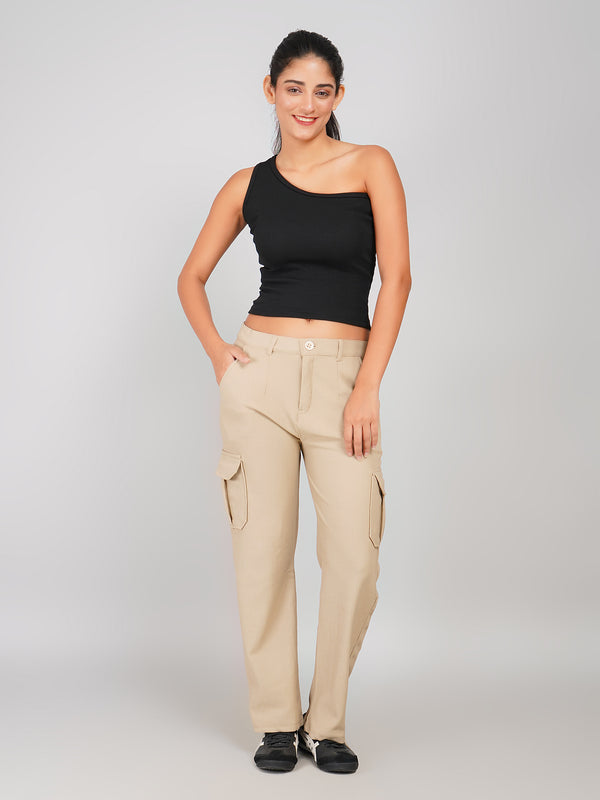 Beige Corduroy Cargo Trousers Multi Pockets