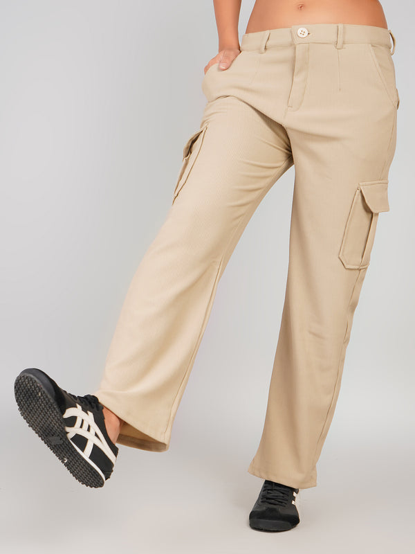 Beige Corduroy Cargo Trousers Multi Pockets