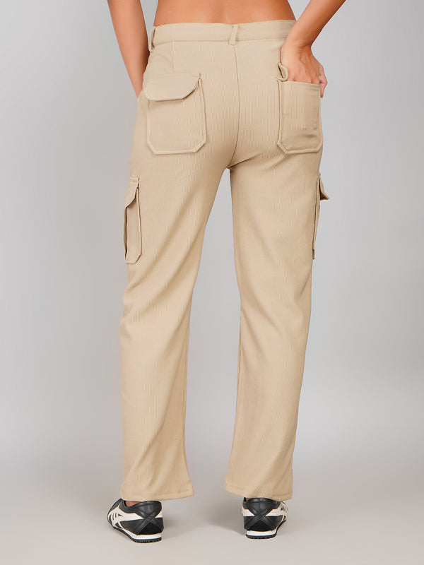 Beige Corduroy Cargo Trousers Multi Pockets