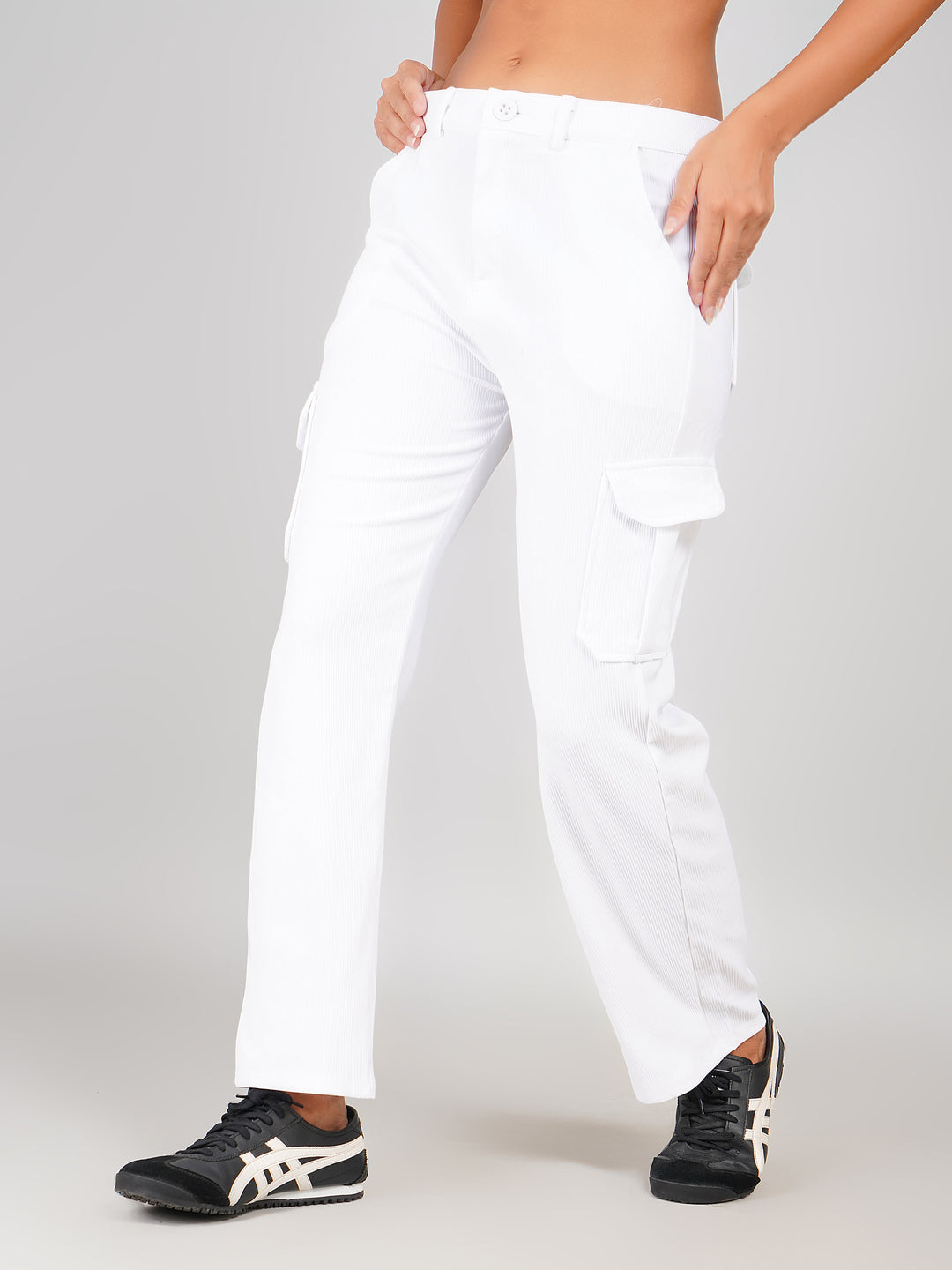 White Corduroy Cargo Trousers for Women with Multi Pockets