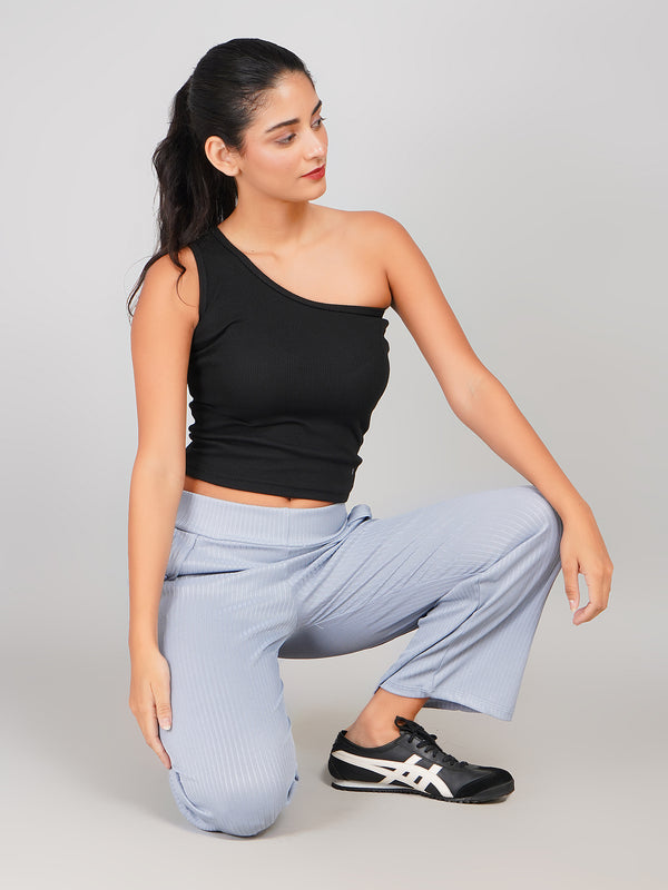 Women Light Blue Ribbed Knit Straight Fit Trousers - High Waist Lounge Pants