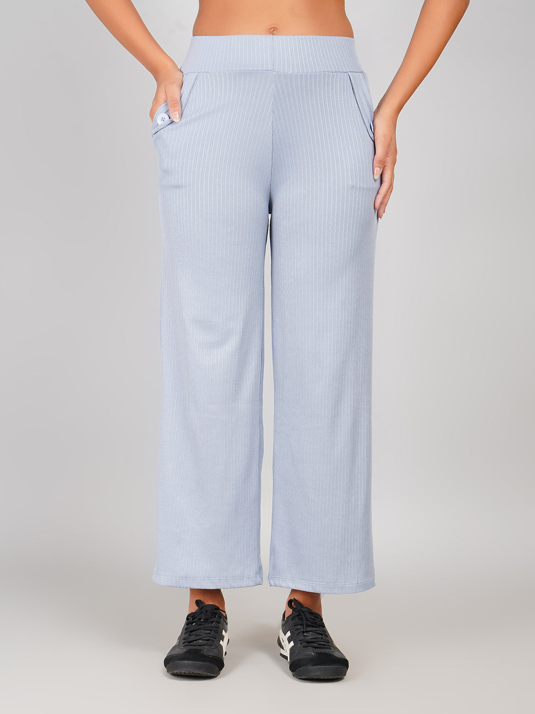 Women Light Blue Ribbed Knit Straight Fit Trousers - High Waist Lounge Pants