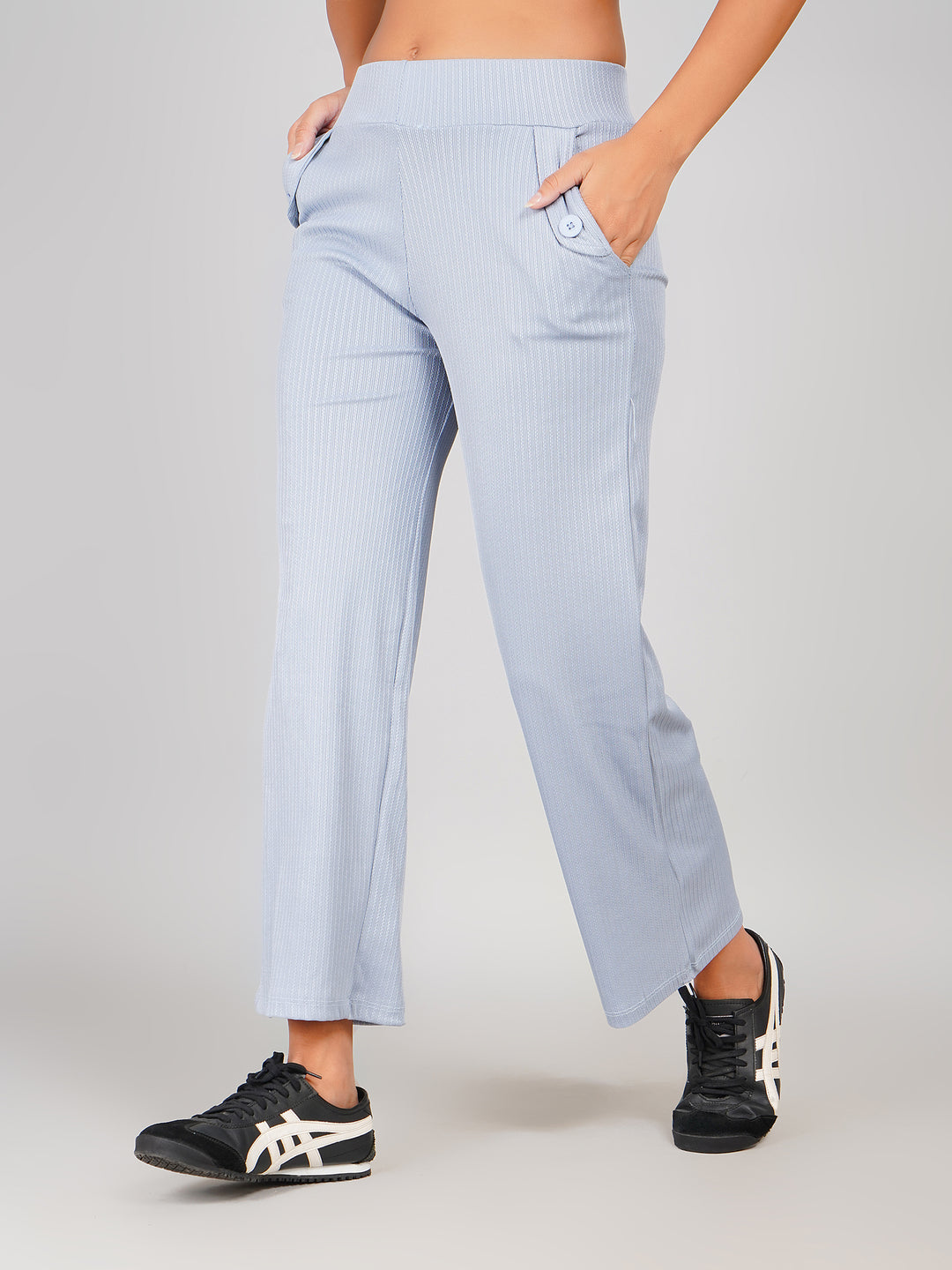 Women Light Blue Ribbed Knit Straight Fit Trousers - High Waist Lounge Pants