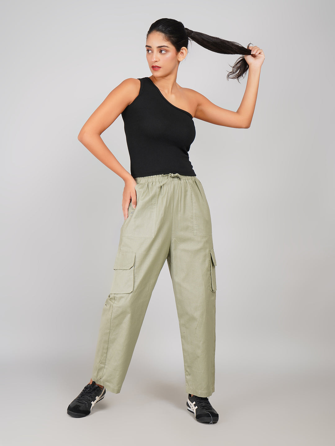 Elastic Waist Women’s Utility Cargo Pants (Light Olive Green)