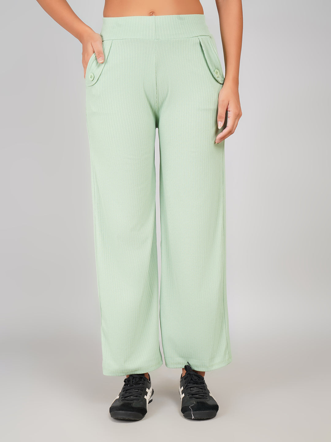 Elastic Waist Women’s Wide-Leg Pants with Buttoned Pockets (Mint Green)