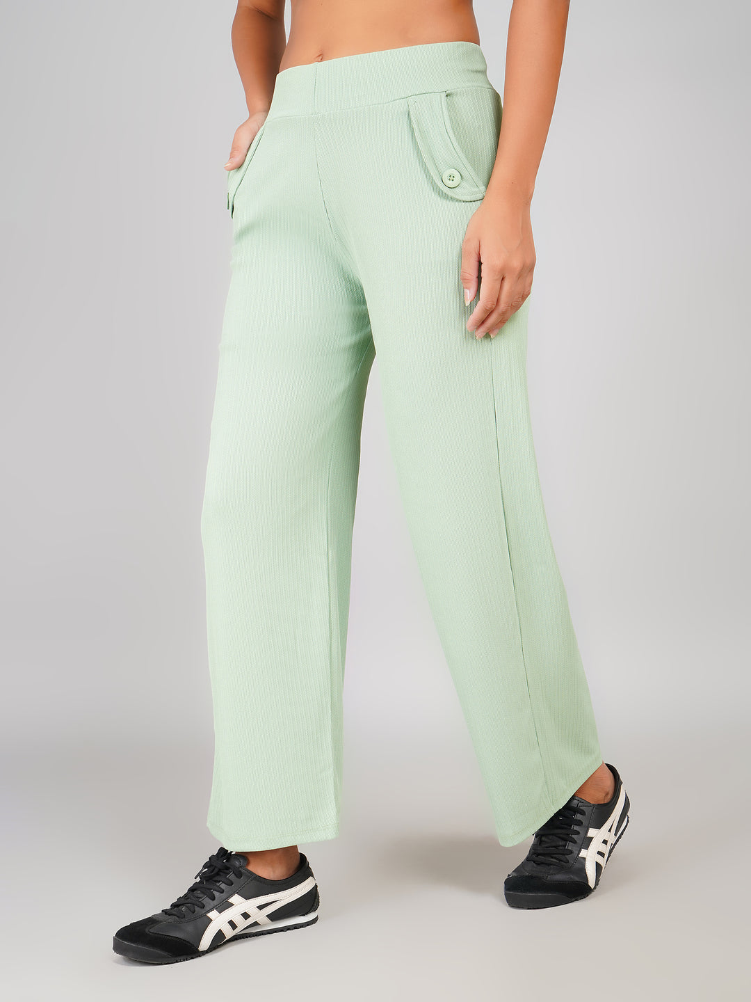 Elastic Waist Women’s Wide-Leg Pants with Buttoned Pockets (Mint Green)