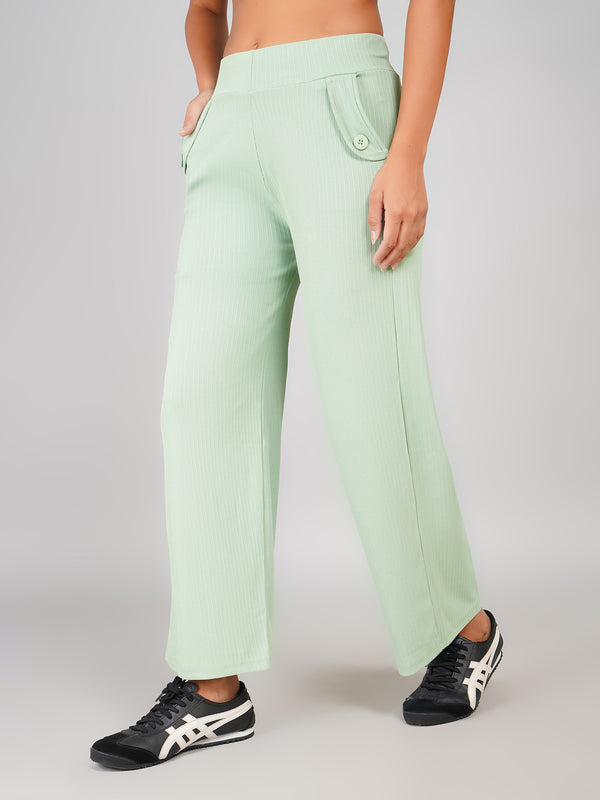 Elastic Waist Women’s Wide-Leg Pants with Buttoned Pockets (Mint Green)