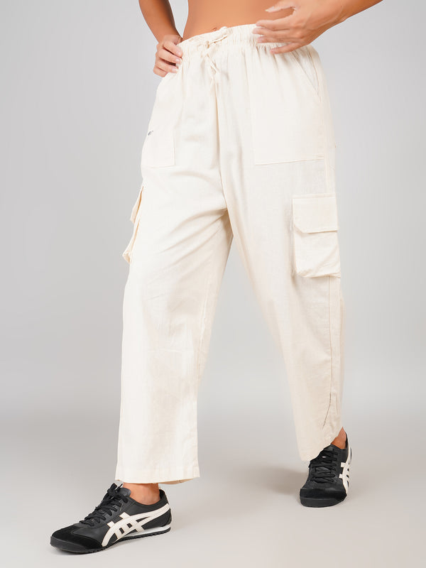 Cream Cotton Relaxed Fit Women’s Utility Cargo Pants