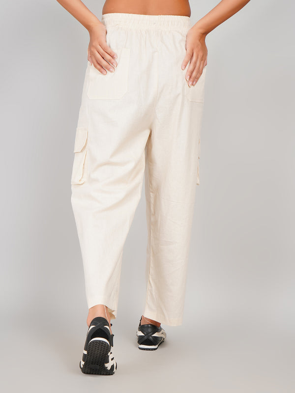 Cream Cotton Relaxed Fit Women’s Utility Cargo Pants