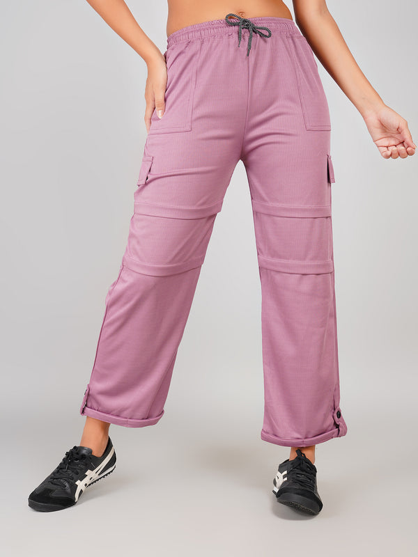 Mauve Pink Ribbed Elastic Waist Cargo Pants– Casual Comfort Wear