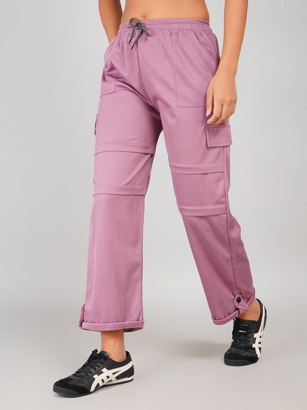 Mauve Pink Ribbed Elastic Waist Cargo Pants– Casual Comfort Wear