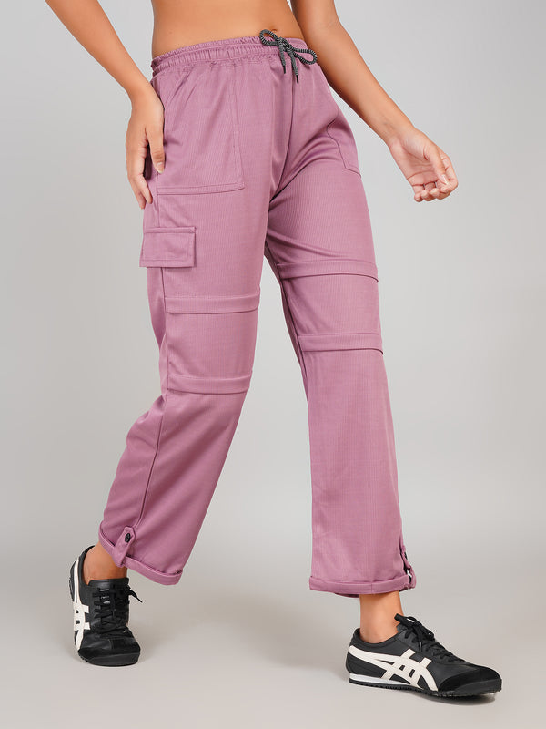Mauve Pink Ribbed Elastic Waist Cargo Pants– Casual Comfort Wear