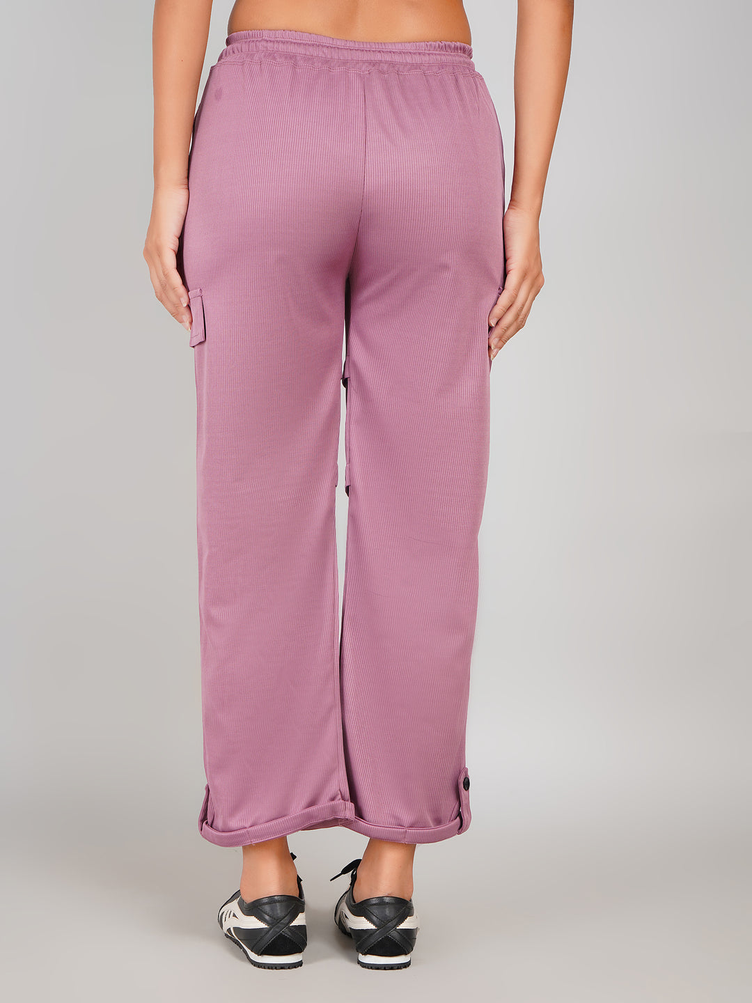 Mauve Pink Ribbed Elastic Waist Cargo Pants– Casual Comfort Wear