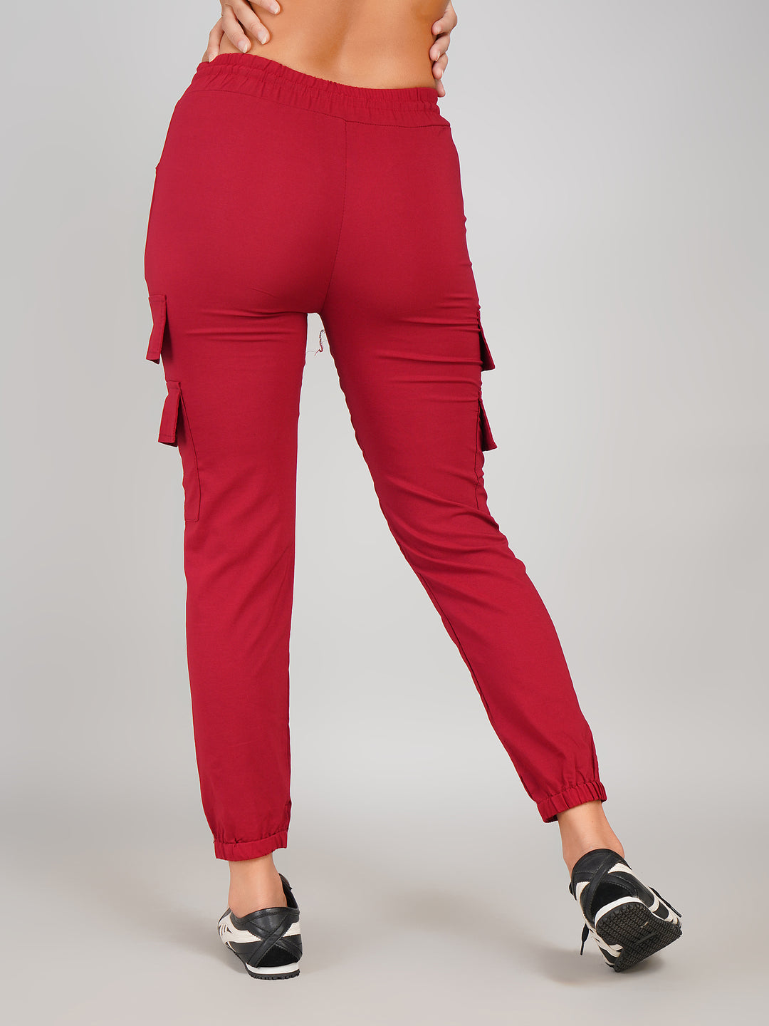 Crimson Red Cotton Women Joggers Cargo Pants