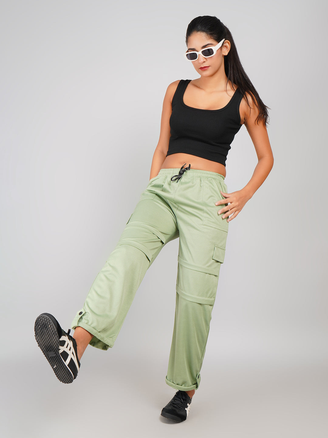 Sage Green Ribbed Straight-Fit Cargo Pants – Casual Comfy Women’s Bottomwear