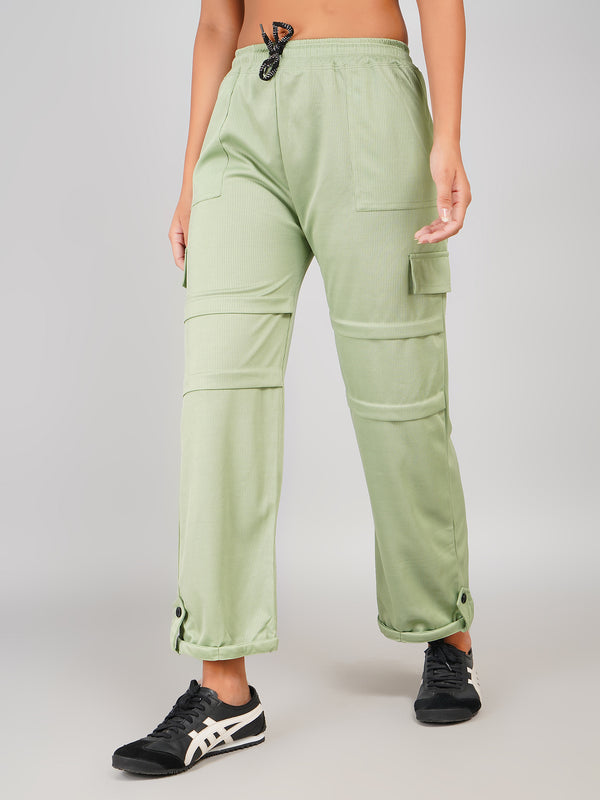 Sage Green Ribbed Straight-Fit Cargo Pants – Casual Comfy Women’s Bottomwear