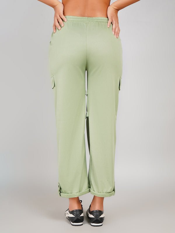 Sage Green Ribbed Straight-Fit Cargo Pants – Casual Comfy Women’s Bottomwear