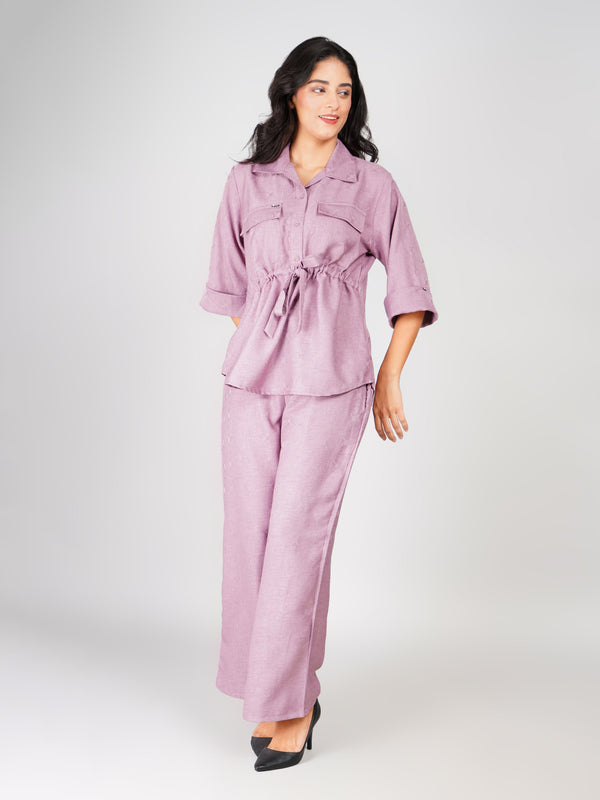 Lavender Waist-Tie Shirt & Straight Pant Co-ord Set with Light Flower Print