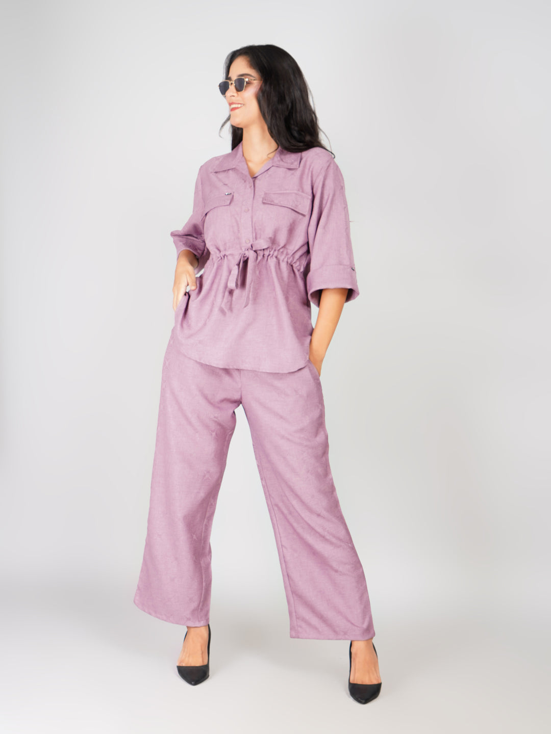 Lavender Waist-Tie Shirt & Straight Pant Co-ord Set with Light Flower Print