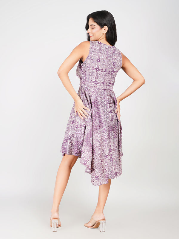 Mosaic Print High-Low Flared Dress with Draped Neckline