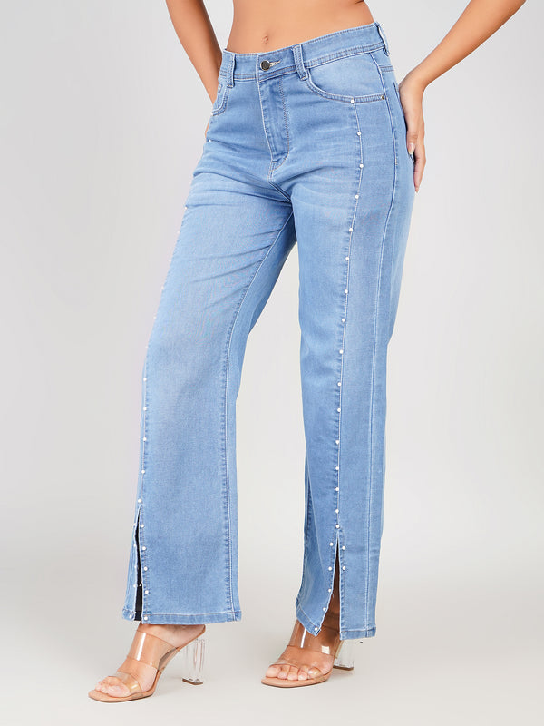 Straight Fit Stretch Denim Jeans with Pearl Studs & Stylish Split Hem