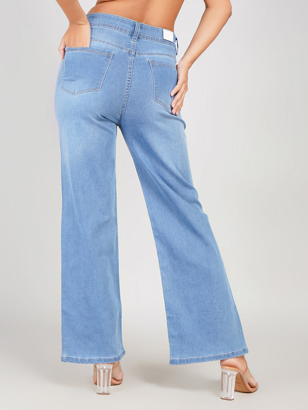 Straight Fit Stretch Denim Jeans with Pearl Studs & Stylish Split Hem