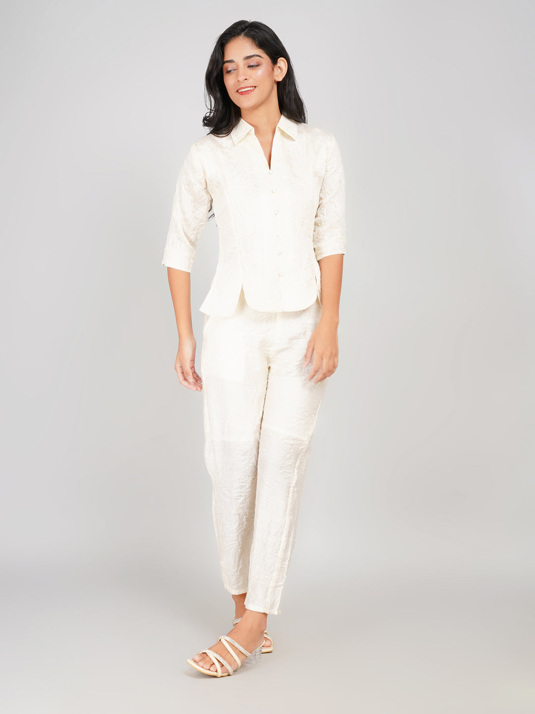 Elegant Textured Top & Pant Co-ord Set for Women (Ivory -Off-White)
