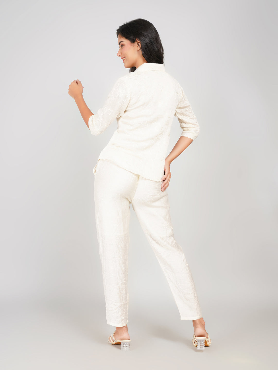 Elegant Textured Top & Pant Co-ord Set for Women (Ivory -Off-White)